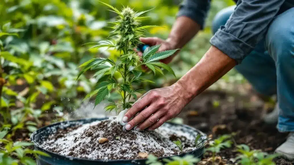 Grower using diatomaceous earth around a Fat Bastard plant for pest prevention and soil health