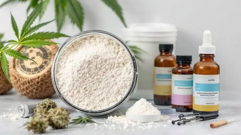 Food-grade diatomaceous earth displayed with cannabis growing tools for natural and organic cultivation.