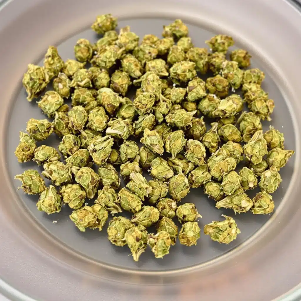 Cannabis buds prepared for drying pot in microwave on a microwave-safe plate.