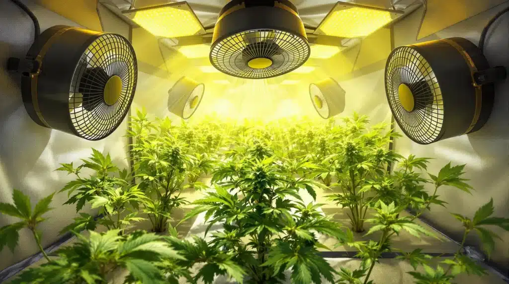 Grow tent with fans and LED lights to control humidity and enhance plant growth