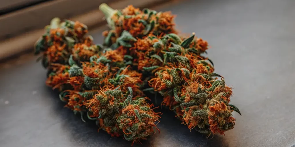 Fiery Citrus OG cannabis buds with dense green nugs and bright orange hairs on a dark tabletop under natural indoor light.