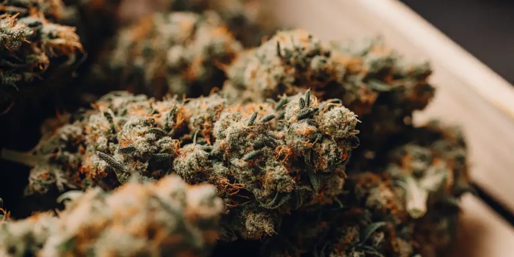 Close-up of freshly harvested cannabis buds with dense, trichome-covered flowers and orange pistils.