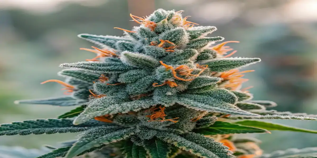 Close-up of a frosty cannabis bud with green hues and orange hairs, covered in trichomes and glistening resin.