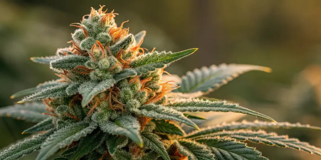 Close-up of cannabis bud with orange hairs, coated in frosty trichomes and surrounded by green leaves.