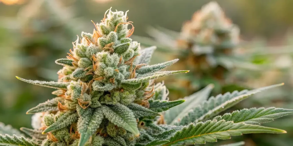 Frosted cannabis bud with orange pistils under soft sunlight, surrounded by green leaves.