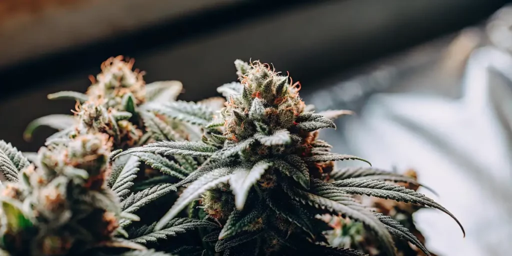 Frosted cannabis buds with orange pistils and green leaves, captured in soft lighting.