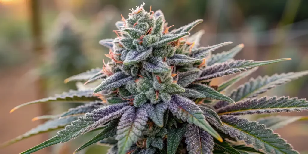 Close-up of cannabis buds with purple and green hues, covered in frosty trichomes and orange hairs.