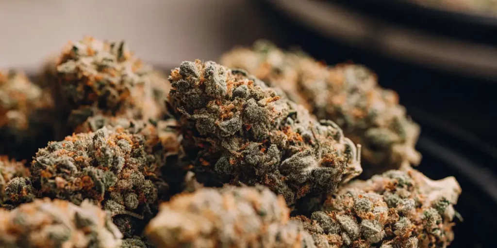 Close-up of green cannabis buds with orange hairs, covered in frosty trichomes and fine details.