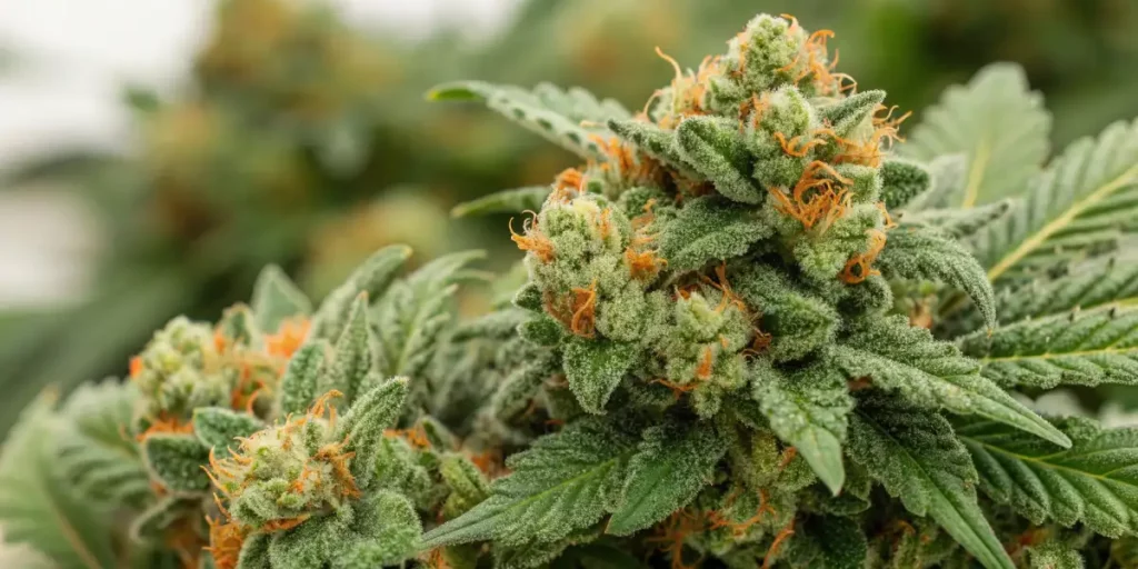 Frosted Orange Skunk cannabis plant with thick green buds, orange hairs, and white trichomes growing in a bright indoor garden.