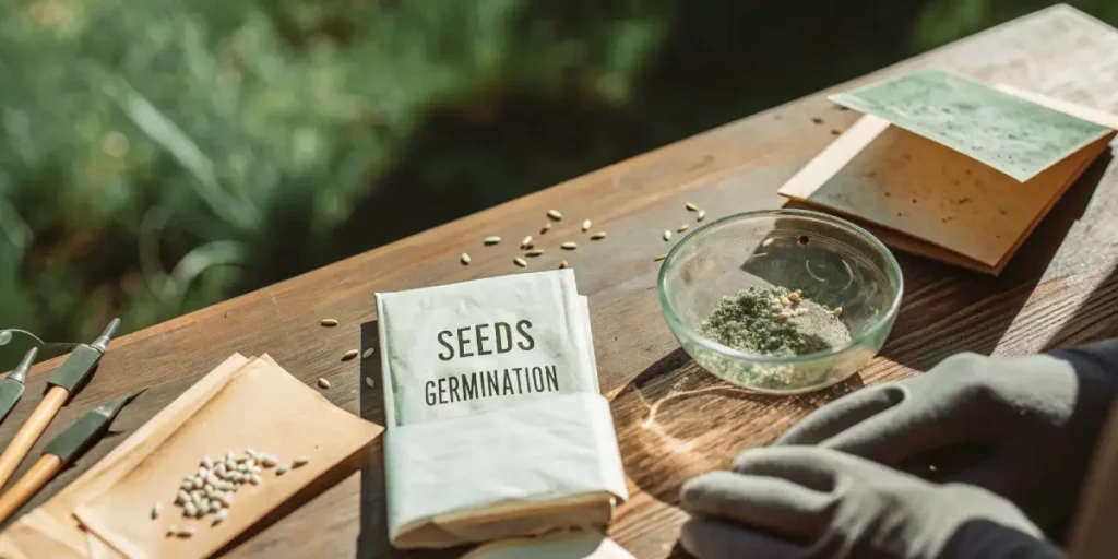 Hyper-realistic scene: gloved hands tending to seeds in a bowl on a wooden table with a "SEEDS GERMINATION" packet, gardening tools, and empty seed packets in a sunny outdoor setting.