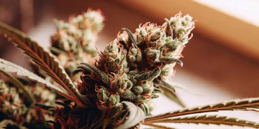 Gelato cannabis bud with vibrant purple and green hues and frosty trichomes.