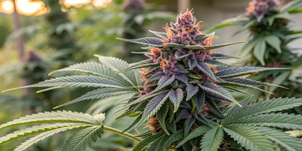 Vibrant Gelato Purple cannabis bud with frosty trichomes and orange pistils under golden sunlight in a lush garden.