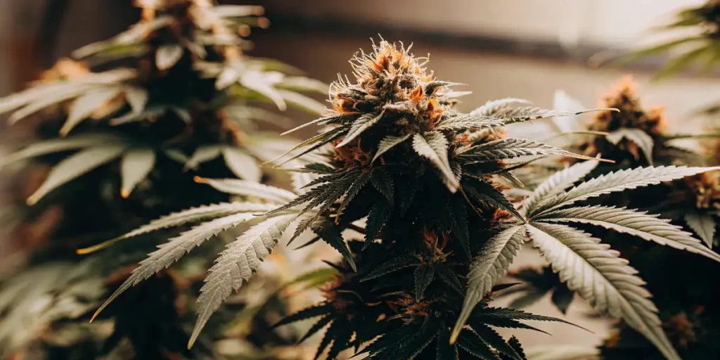 Close-up view of Gelato x Purp cannabis buds with deep purple coloring and fiery orange hairs.