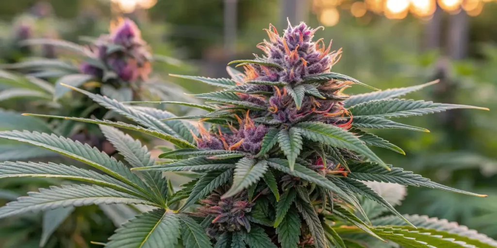 Vibrant purple and orange cannabis buds of the Gelato x Purp strain under grow lights.