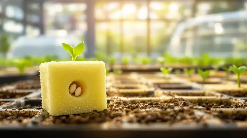 Cannabis seedling emerging from a rockwool cube in a tray.