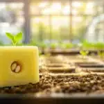 Cannabis seedling emerging from a rockwool cube in a tray.