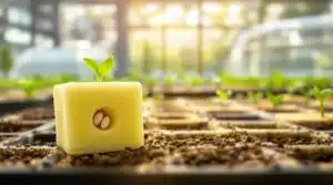 Cannabis seedling emerging from a rockwool cube in a tray.