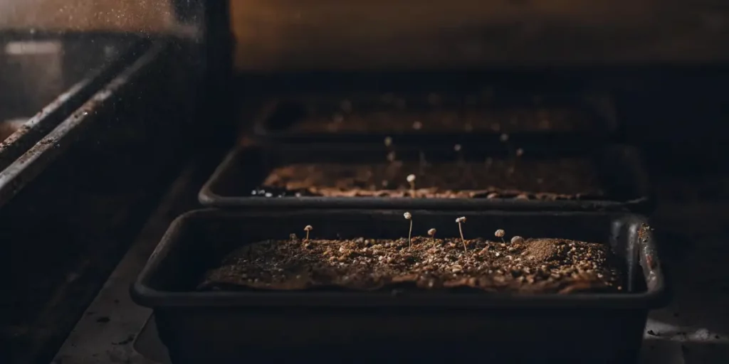 Close-up of cannabis seeds germinating in soil trays, with tiny seedlings breaking through the soil surface.
