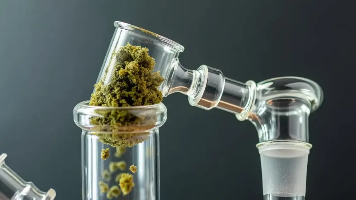 Transparent glass bowl filled with ground cannabis flower ready for smoking.