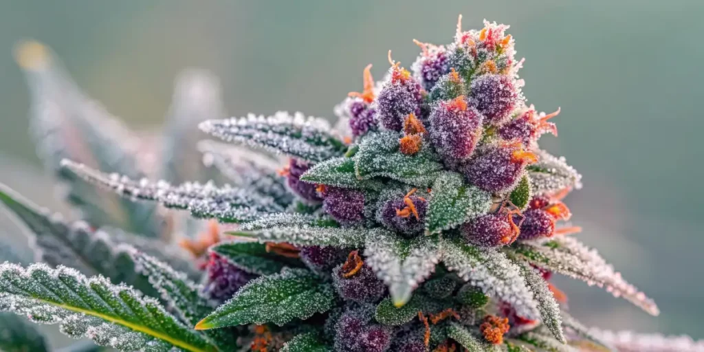 Close-up of a cannabis bud with frosty trichomes and purple hues, surrounded by green leaves.