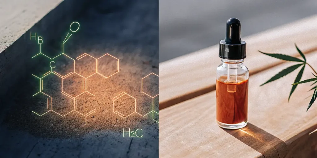 Split screen: left shows glowing chemical structure, right shows a cannabis oil dropper bottle and a cannabis leaf on a wooden surface.