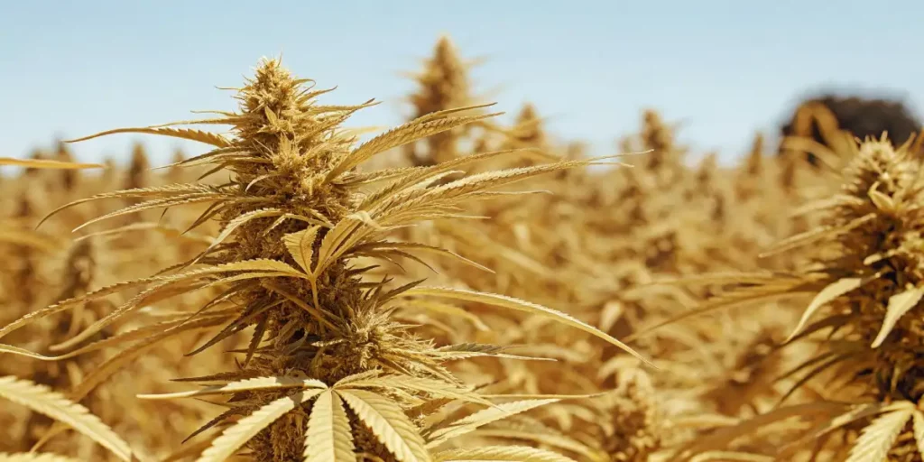 Cannabis plants with golden leaves and buds growing in a field under bright blue skies.