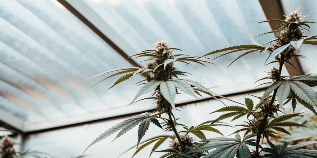 Hyper-realistic close-up of cannabis plants with dense buds and dark green leaves in a bright greenhouse.