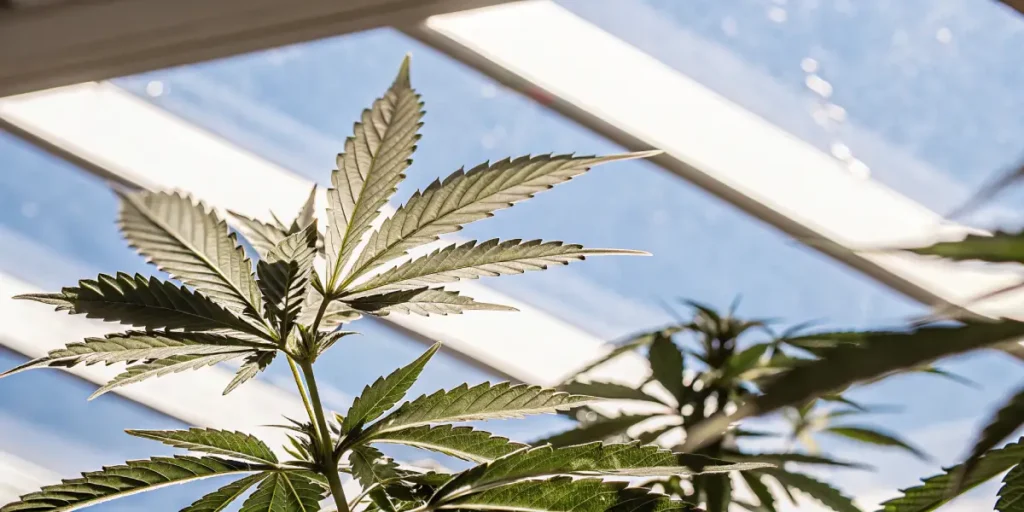 Hyper-realistic close-up of a cannabis plant's vibrant green leaf, backlit by bright sunlight and blue sky through a greenhouse roof.
