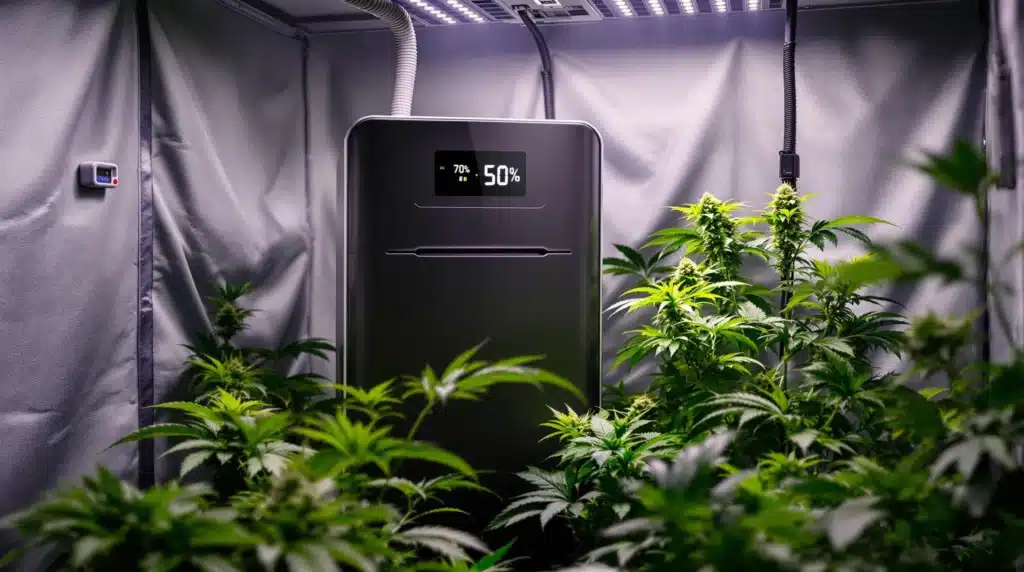 Indoor cannabis grow tent showing a humidity controller at 50%