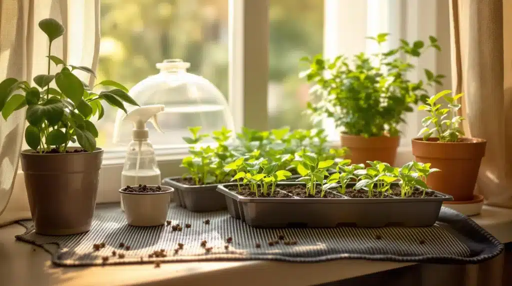 Seedlings growing indoors in pots under natural light before being moved outdoors for better growth.