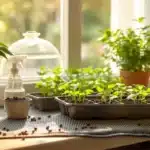 Seedlings growing indoors in pots under natural light before being moved outdoors for better growth.