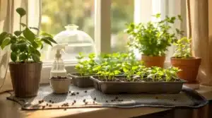 Seedlings growing indoors in pots under natural light before being moved outdoors for better growth.