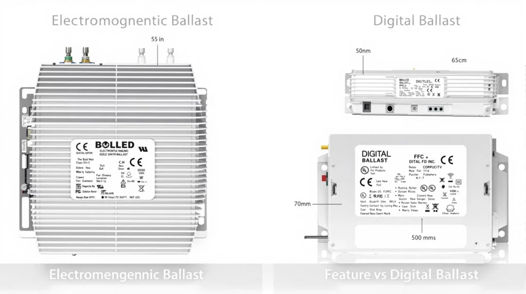 Comparison of electromagnetic and digital HID ballasts with labeled features and size differences.