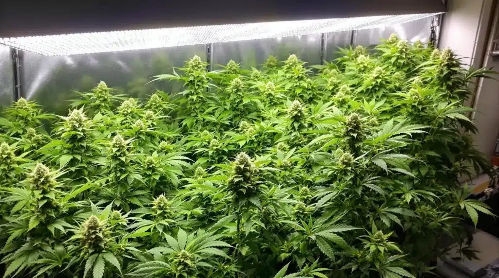 Cannabis plants in the vegetative stage under HID lighting, powered by a nearby ballast