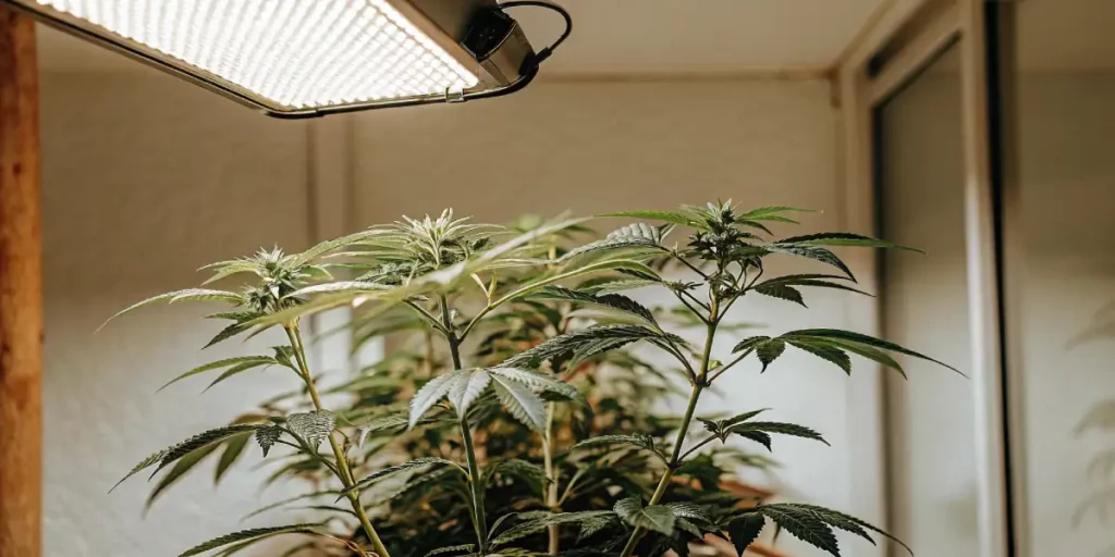 Cannabis plant in early vegetative stage growing under LED grow lights.