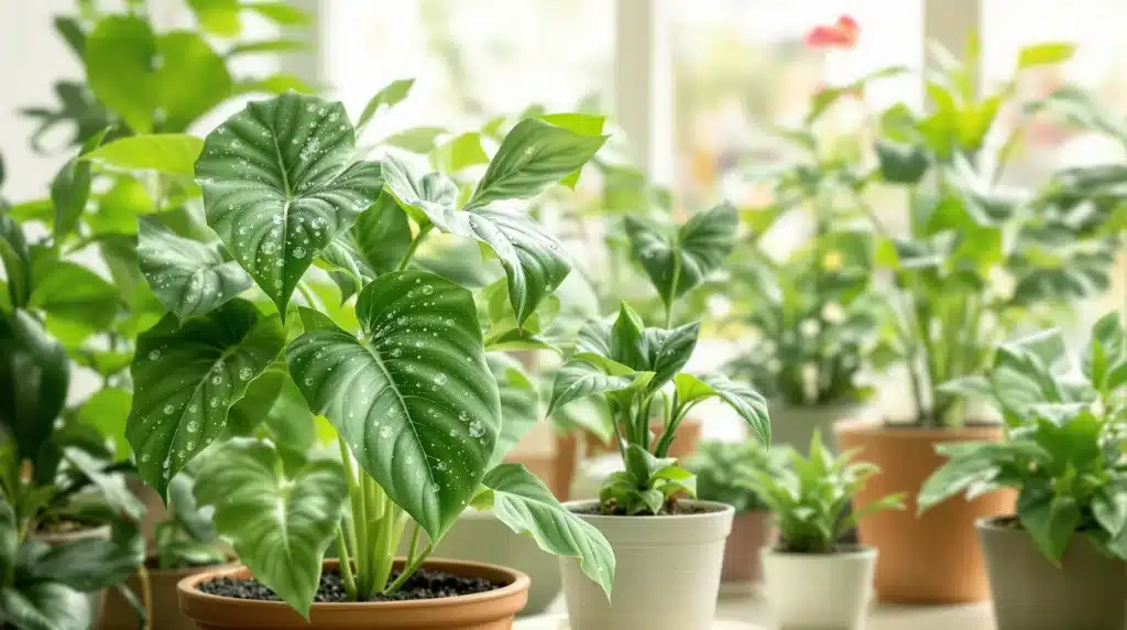 Close-up of healthy plants with water droplets on their leaves.