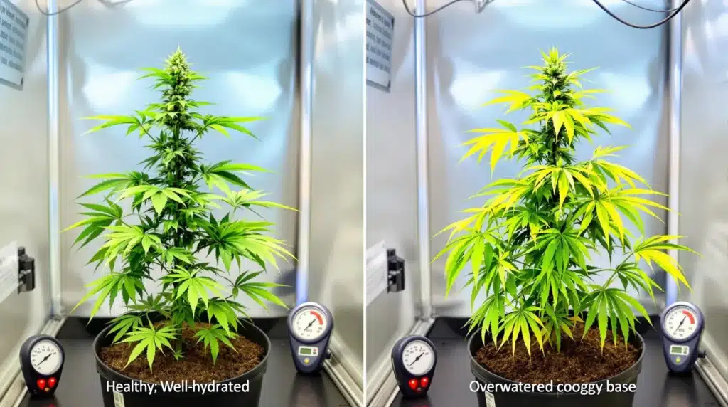 Cannabis plants showing healthy hydration vs overwatering effects.