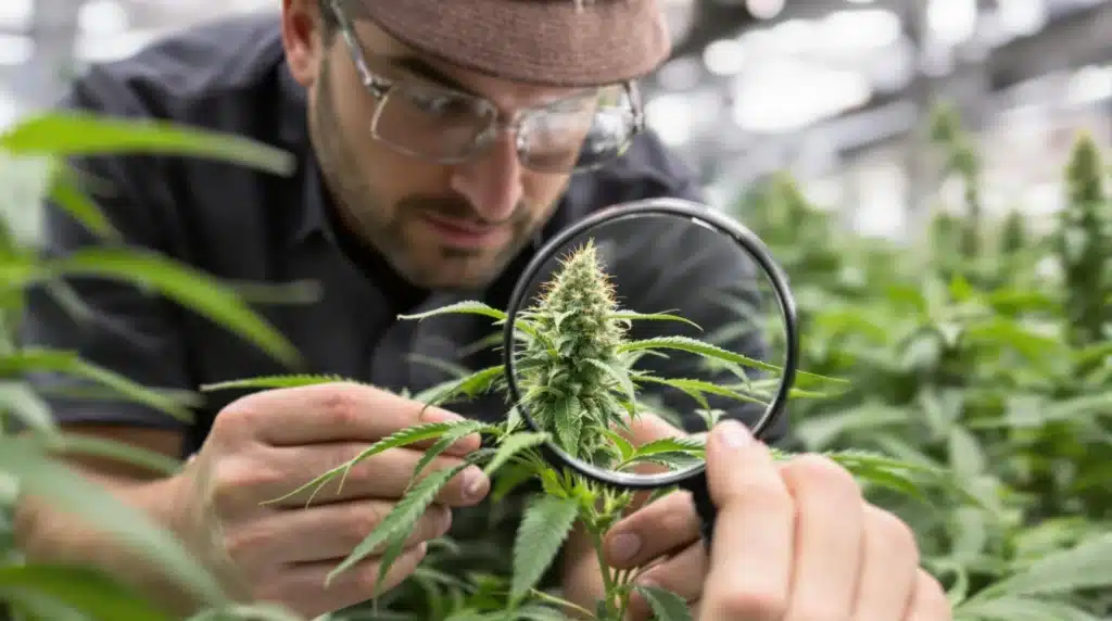 Grower using a magnifying glass to inspect a cannabis plant for hermie pollen sacs.