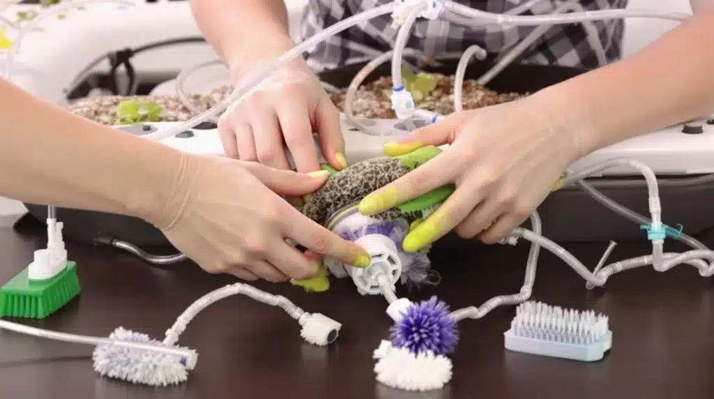 Hands cleaning a hydroponic system with brushes and disinfectants.
