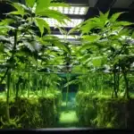 Hydroponic cannabis plants thriving in a nutrient-rich water system under grow lights.