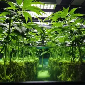 Hydroponic cannabis plants thriving in a nutrient-rich water system under grow lights.