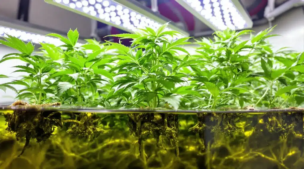 Hydroponic cannabis plants thriving in a nutrient-rich water system under grow lights.