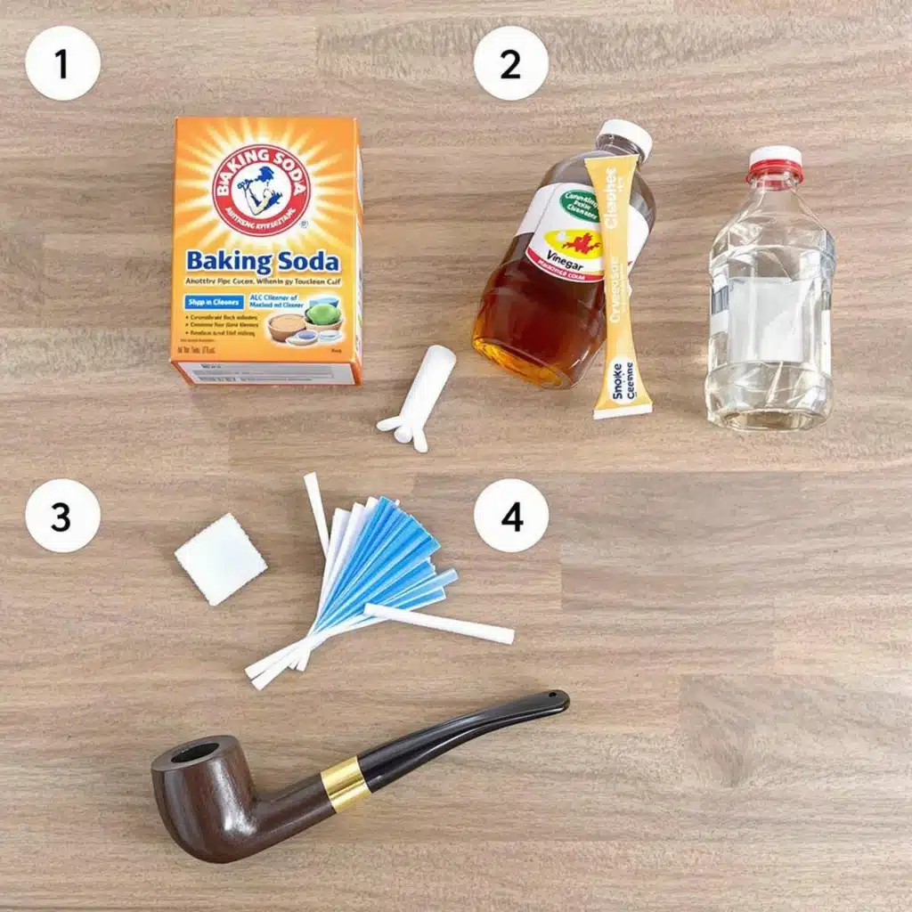 Materials needed to clean a smoking pipe without alcohol, including baking soda and vinegar.