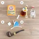 Materials needed to clean a smoking pipe without alcohol, including baking soda and vinegar.