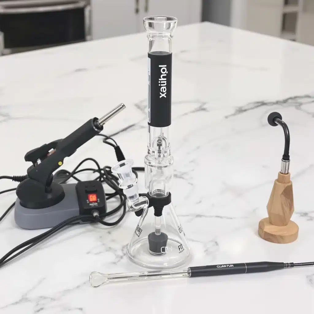Dab rig and quartz banger setup for cold start dabs on a clean countertop.