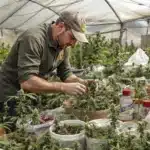 A gardener with a lot of cannabis bud collecting pollen