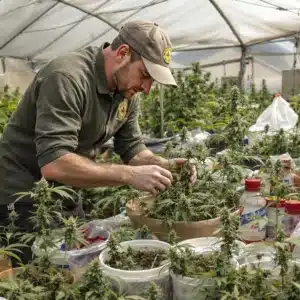 A gardener with a lot of cannabis bud collecting pollen