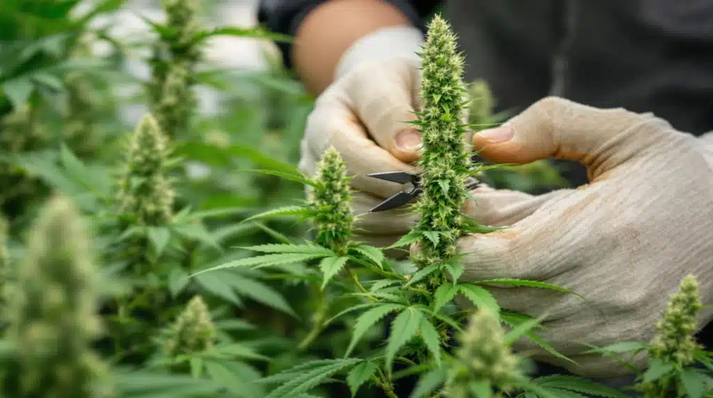 A grower trimming bud to collect cannabis pollen