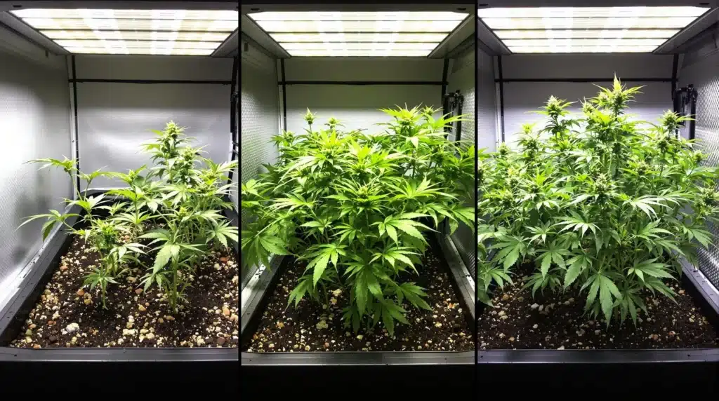 Hydroponic cannabis growth stages: germination, vegetative, and flowering in an indoor grow room
