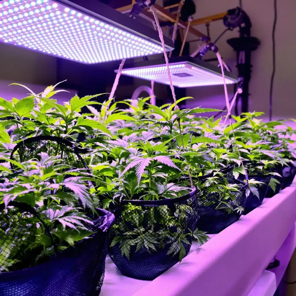 Hydroponic cannabis plants in net pots over a nutrient solution, illuminated by LED grow lights.